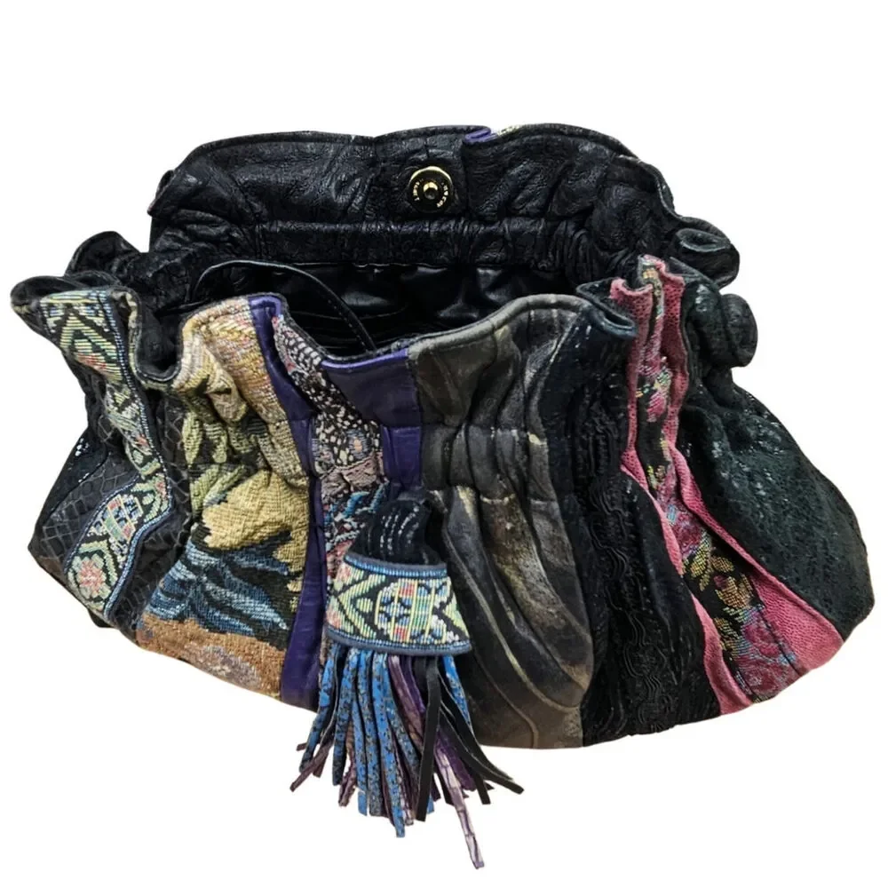 80s Black Leather Patchwork Ruched Reversible Cross Body Clutch Tassle Viva Bag